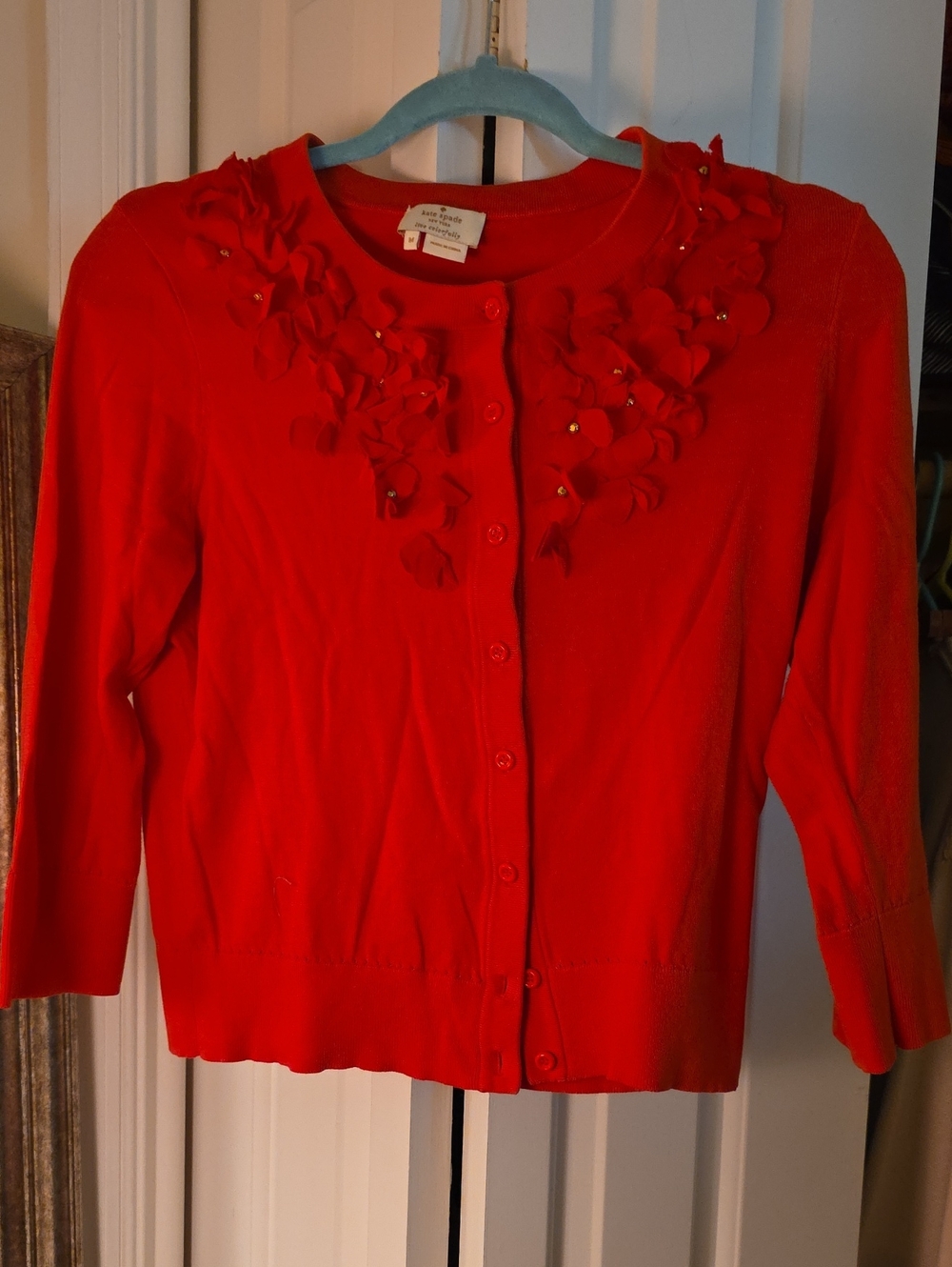 Kate Spade Red Floral-Appliqué Button-Up Cardigan M